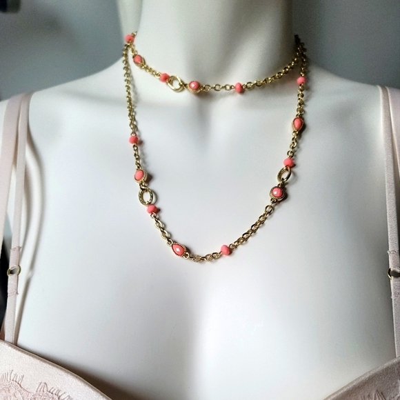 Fashion Pink Coral and Gold Color Necklace 35" - Picture 3 of 7